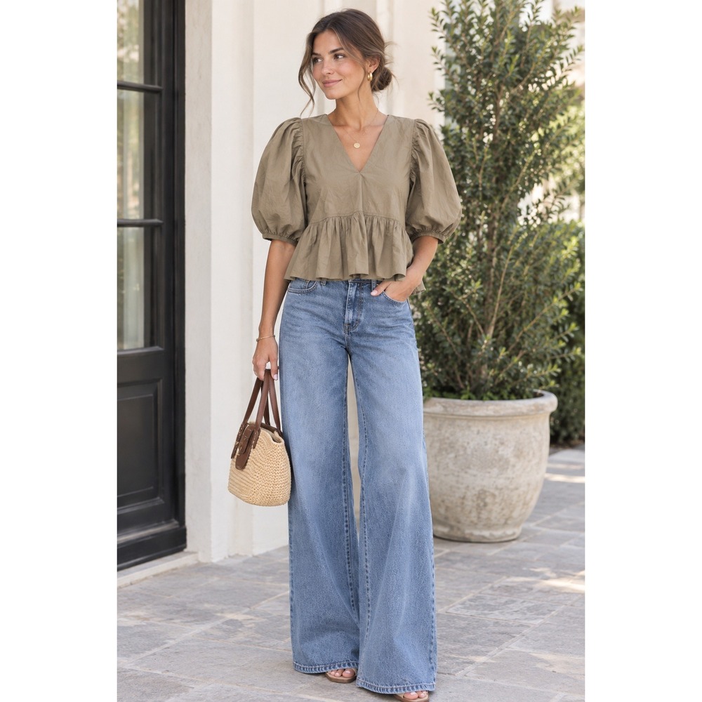 Hunter Bell Blouse Women Small Tan Puff Sleeve V-Neck Cotton 22HBCT5